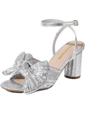 Women's Silver Bow Knot Heeled Sandals, Chunky Block Heels, Open Toe Slingback